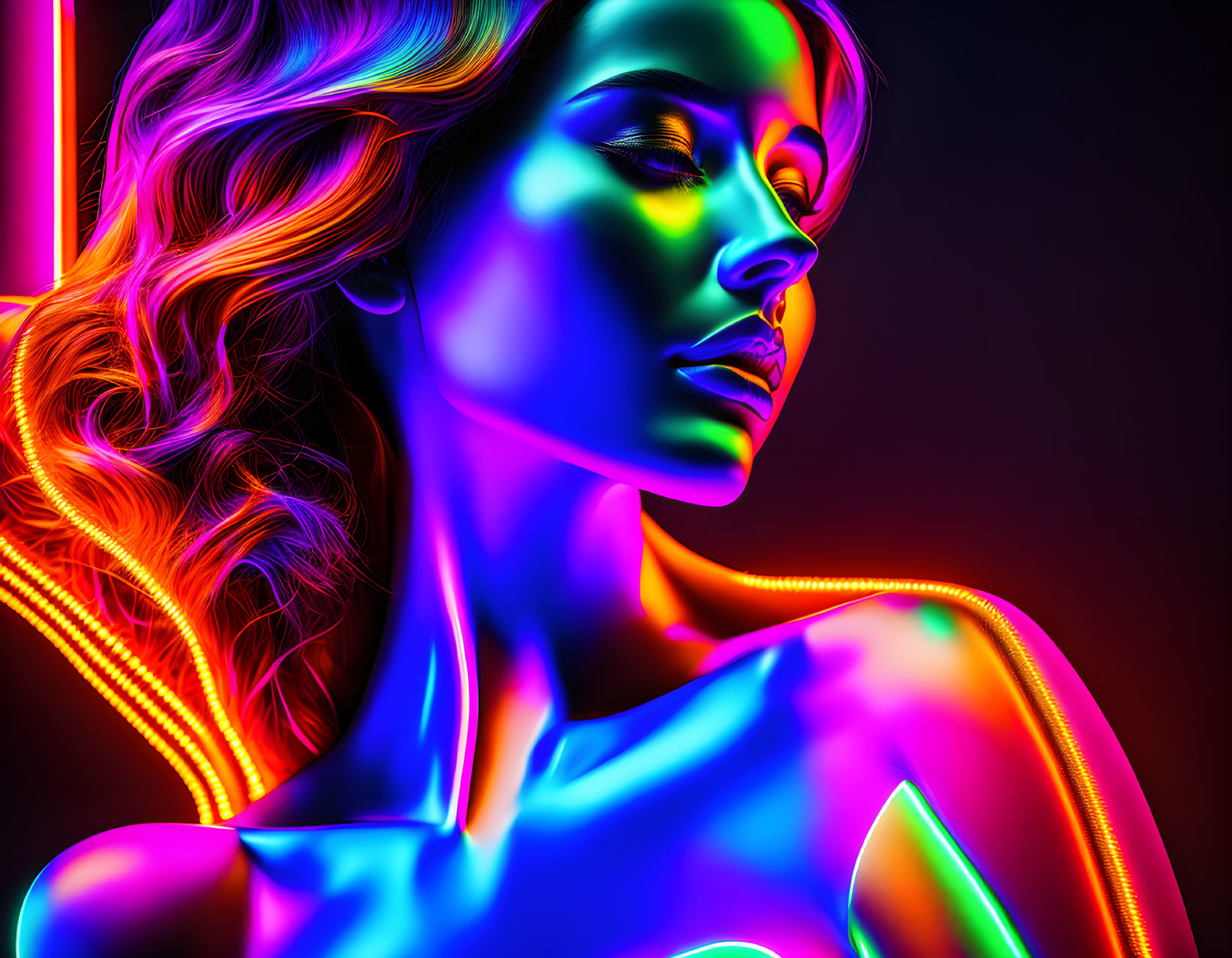 Colorful digital art: Woman illuminated by neon lights