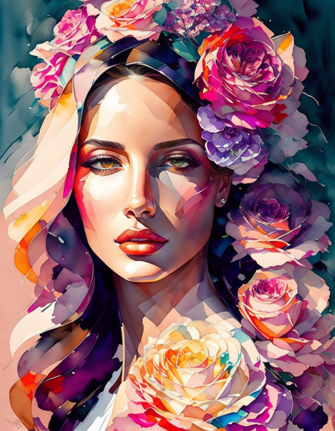 Colorful painting of a woman with floral crown in pink, purple, and orange