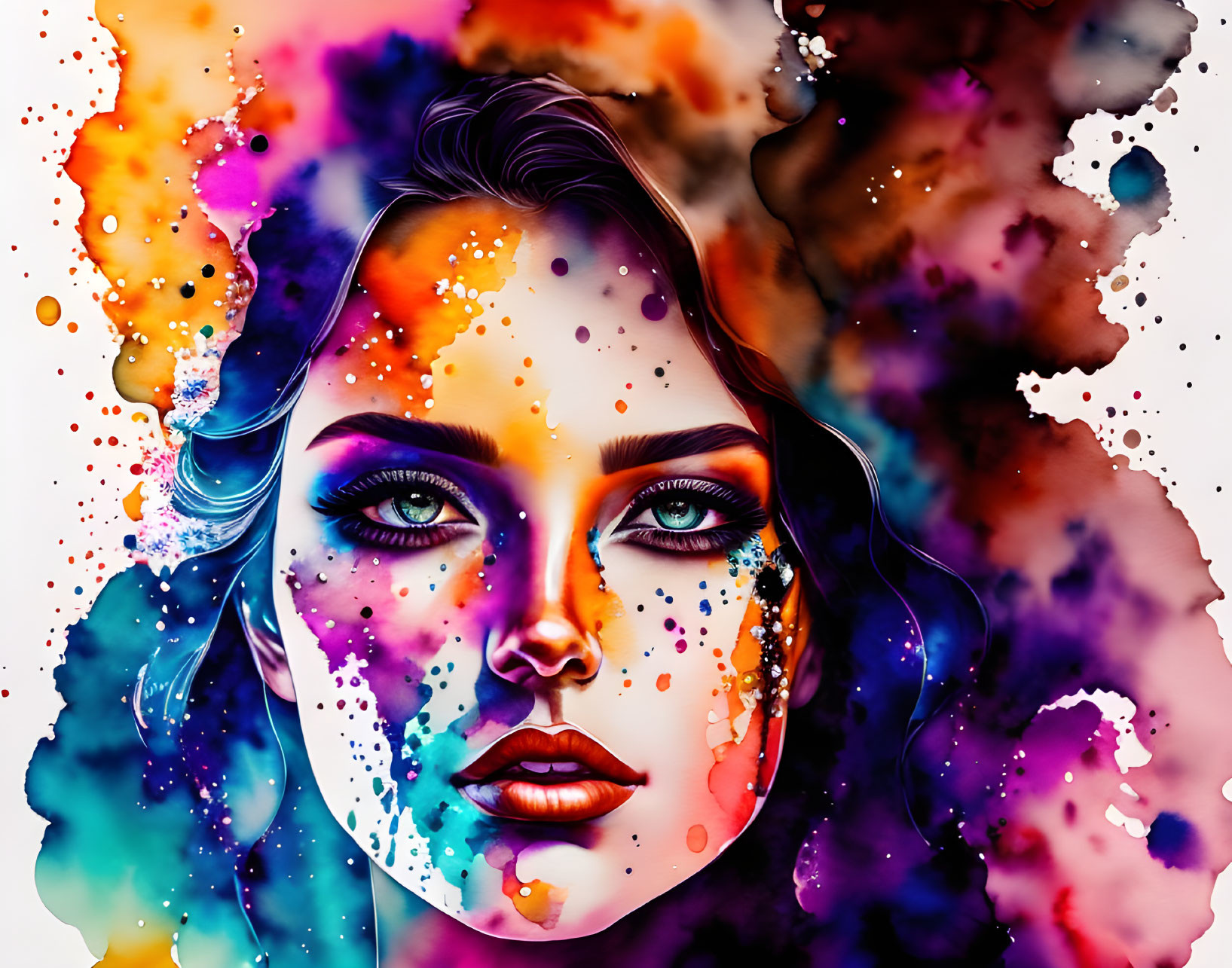 Vibrant Watercolor Splashes on Woman's Face