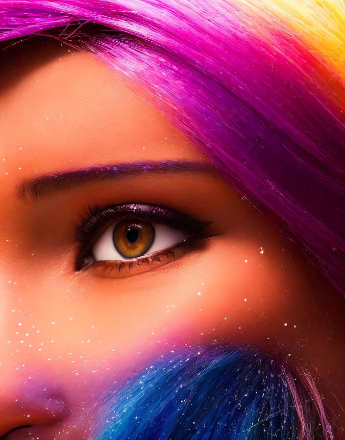 Vibrant eye makeup and colorful hair against warm backdrop