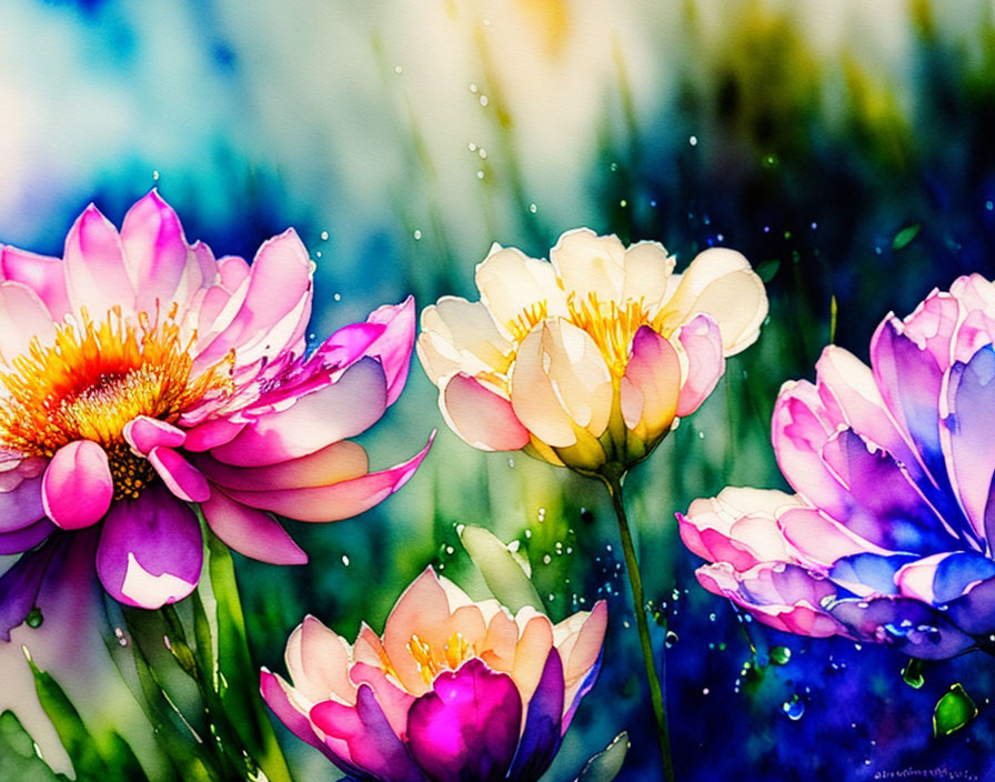 Colorful Watercolor Painting of Pink, Purple, and Yellow Blossoms