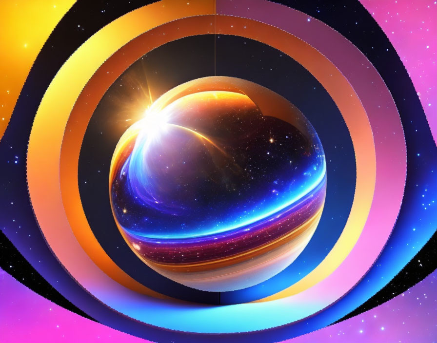 Celestial sphere digital artwork with glowing rings in starry space