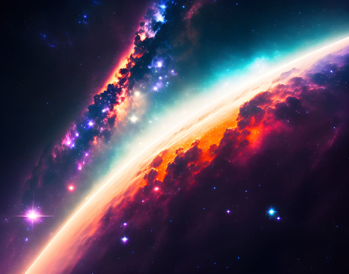 Colorful nebula, stars, and radiant planet in vibrant space scene