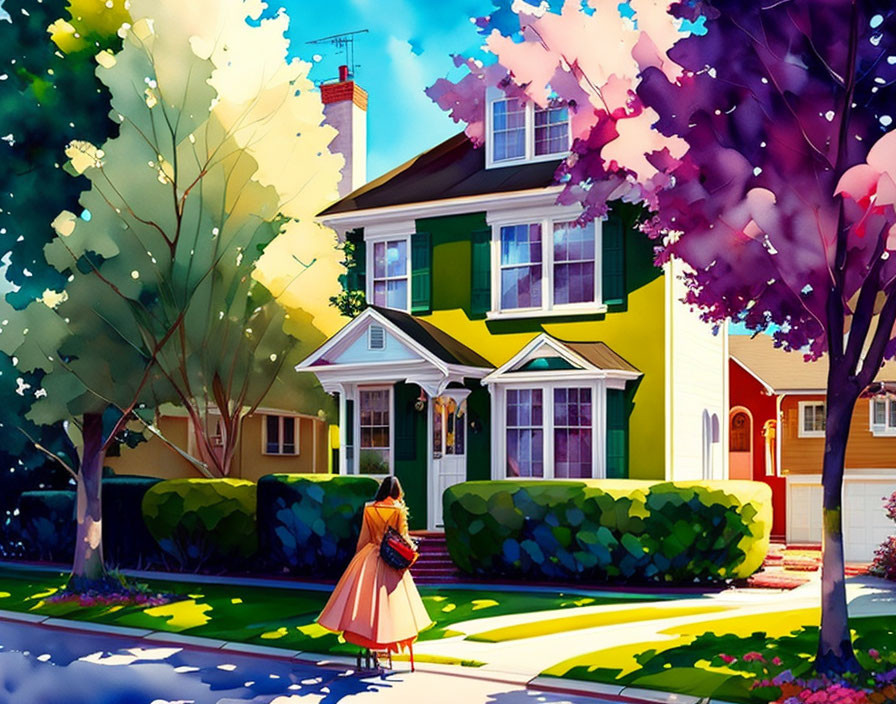 Colorful Illustration: Girl with Bow Walking to Two-Story House