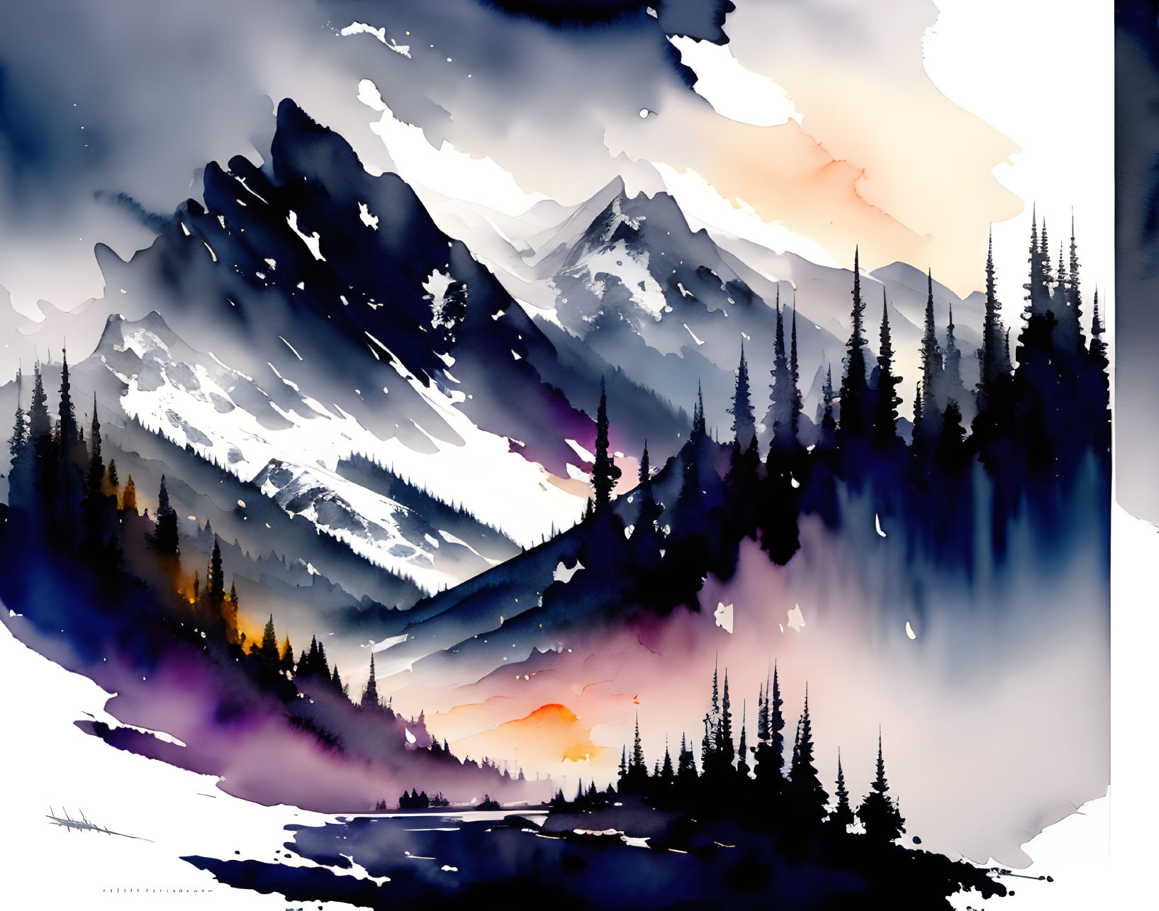 Mountainous Landscape Watercolor Painting with Forests, Mist, and Sunset