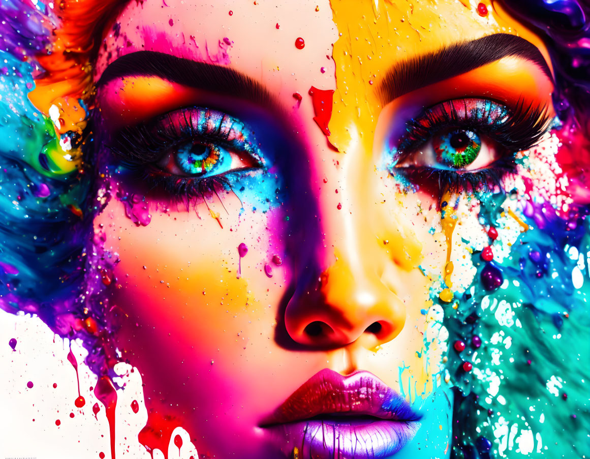 Woman's face with vibrant paint drips, bold makeup, blue eyes, purple lips.