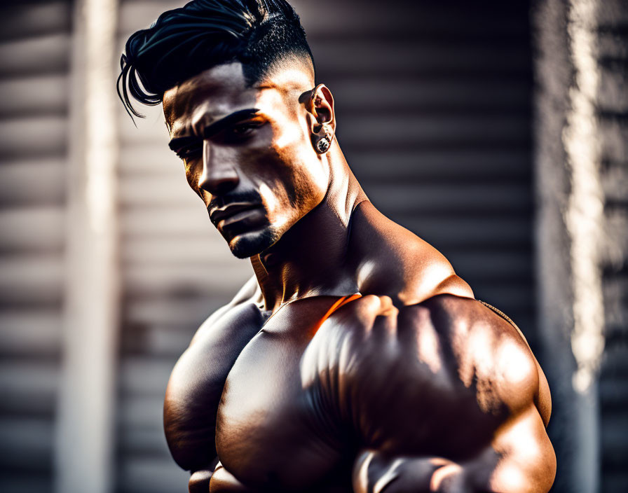 Muscular individual with mohawk and earring in dramatic pose.