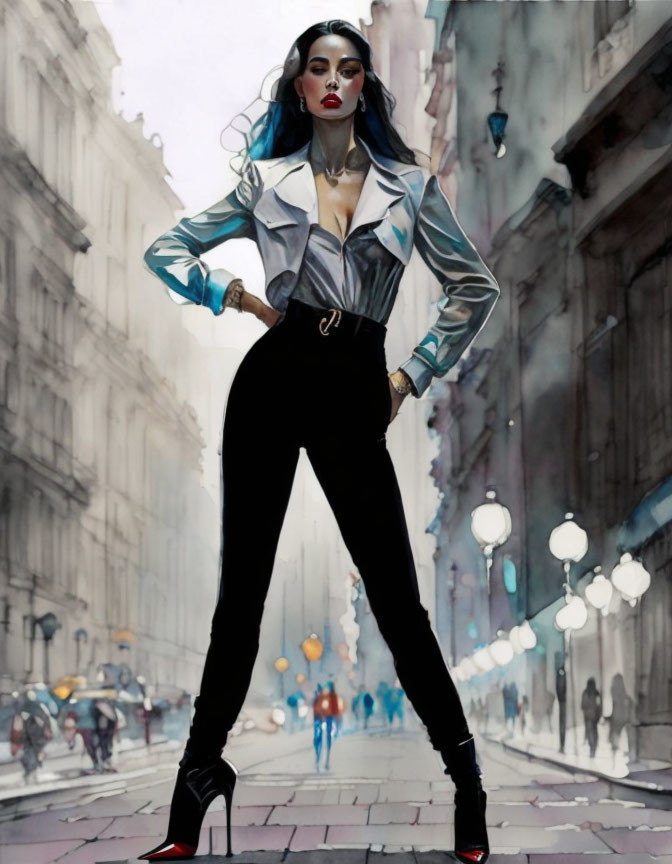 Illustrated woman with dark hair, red lipstick, in city street attire