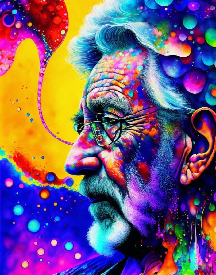 Vibrant psychedelic portrait of an older man with glasses