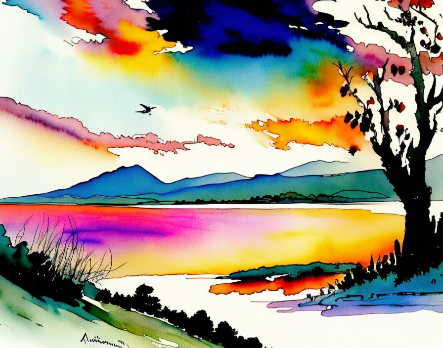 Colorful sunset watercolor landscape with tree silhouette, distant mountains, and flying bird.