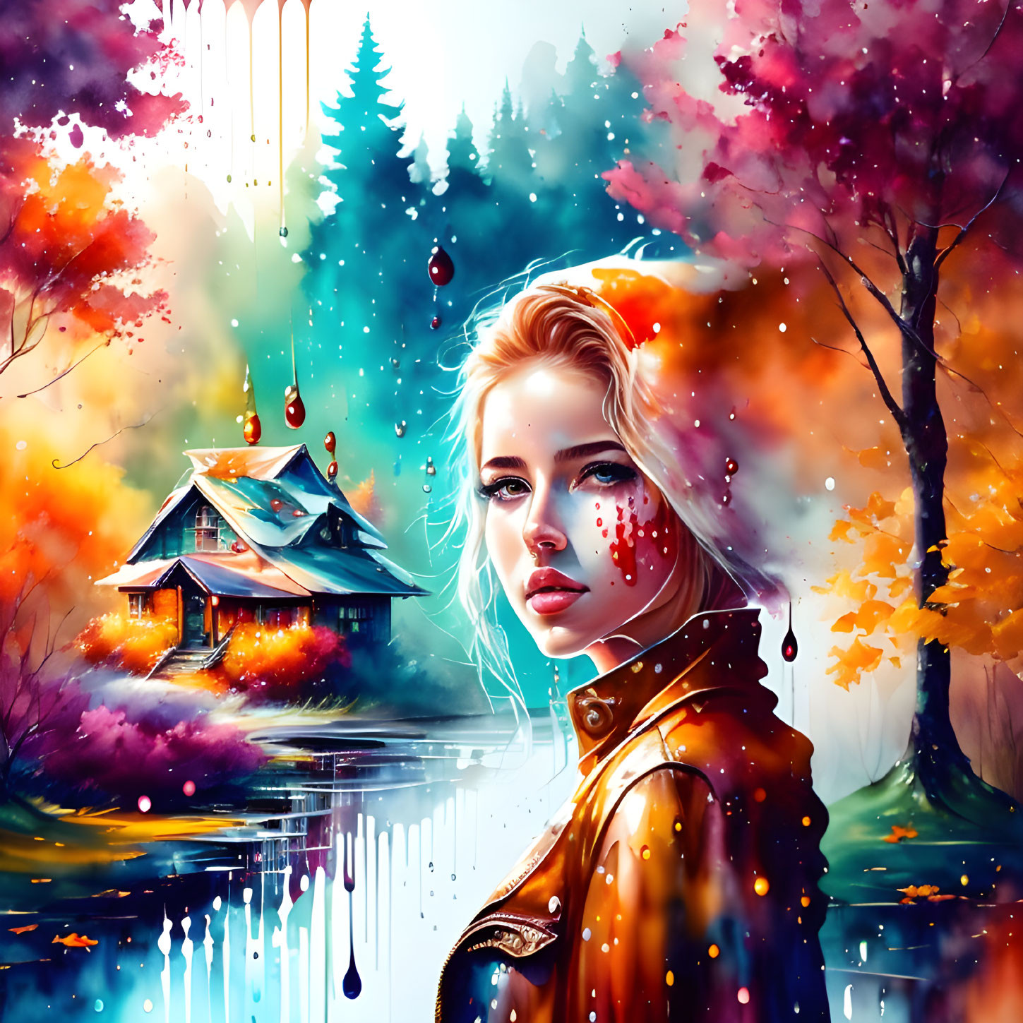 Blonde woman in autumn forest with surreal elements