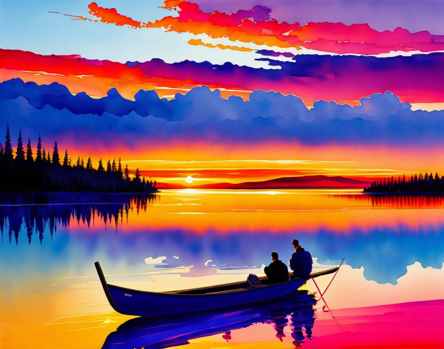 Scenic sunset with purple and pink clouds reflected on water, silhouetted figures in canoe