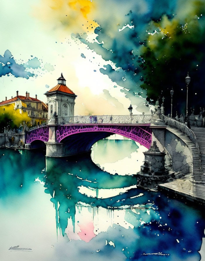 Vibrant Watercolor Painting: Picturesque Bridge Over Serene River