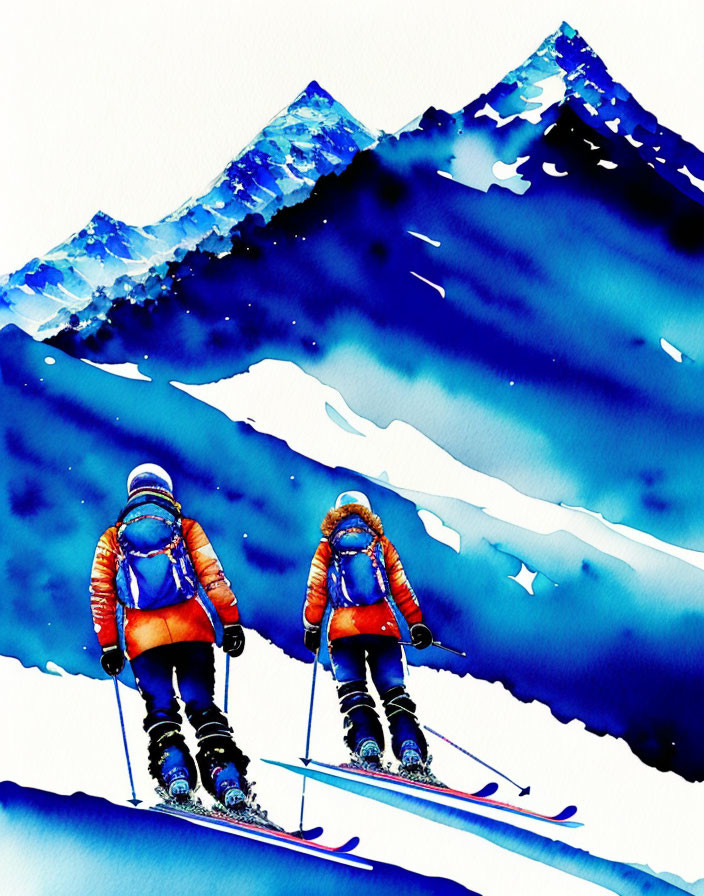 Skiers on blue and white mountain in watercolor art