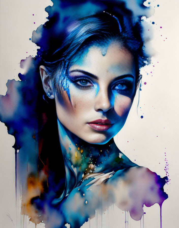 Woman's face blended with vibrant watercolor splashes in blue and purple