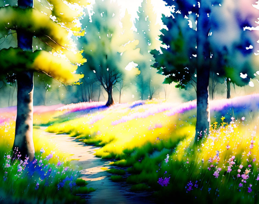 Colorful Watercolor Painting of Lush Forest Path