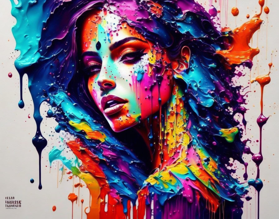 Vibrant portrait with dripping paint effects blending abstract and realism