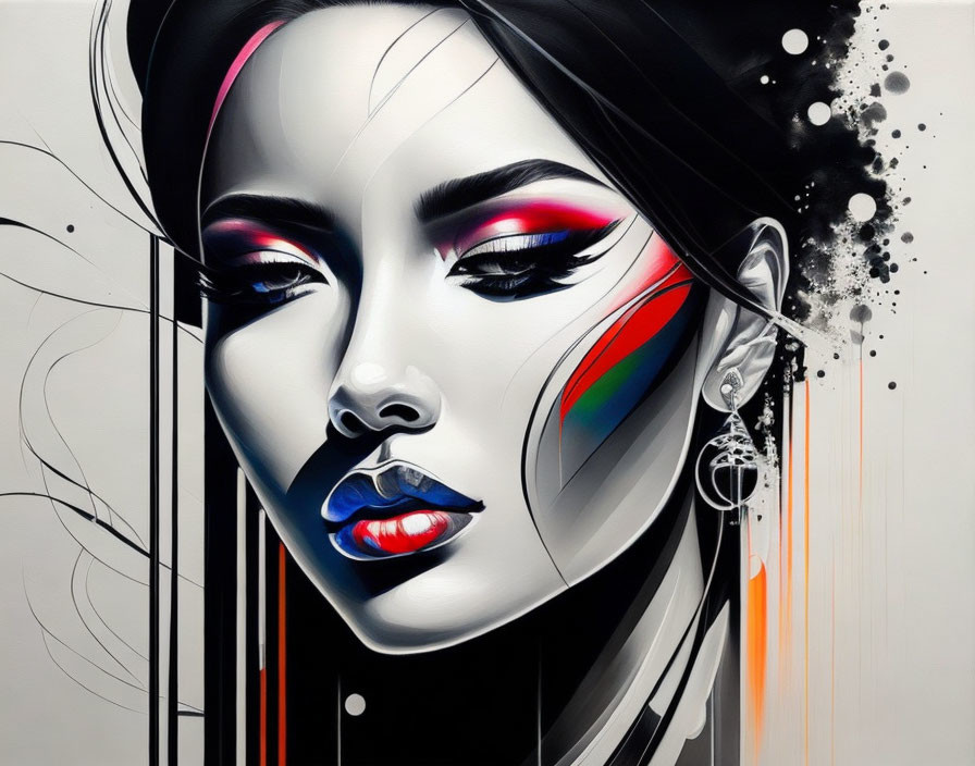 Abstract woman's face with colorful makeup and black-white contrasts