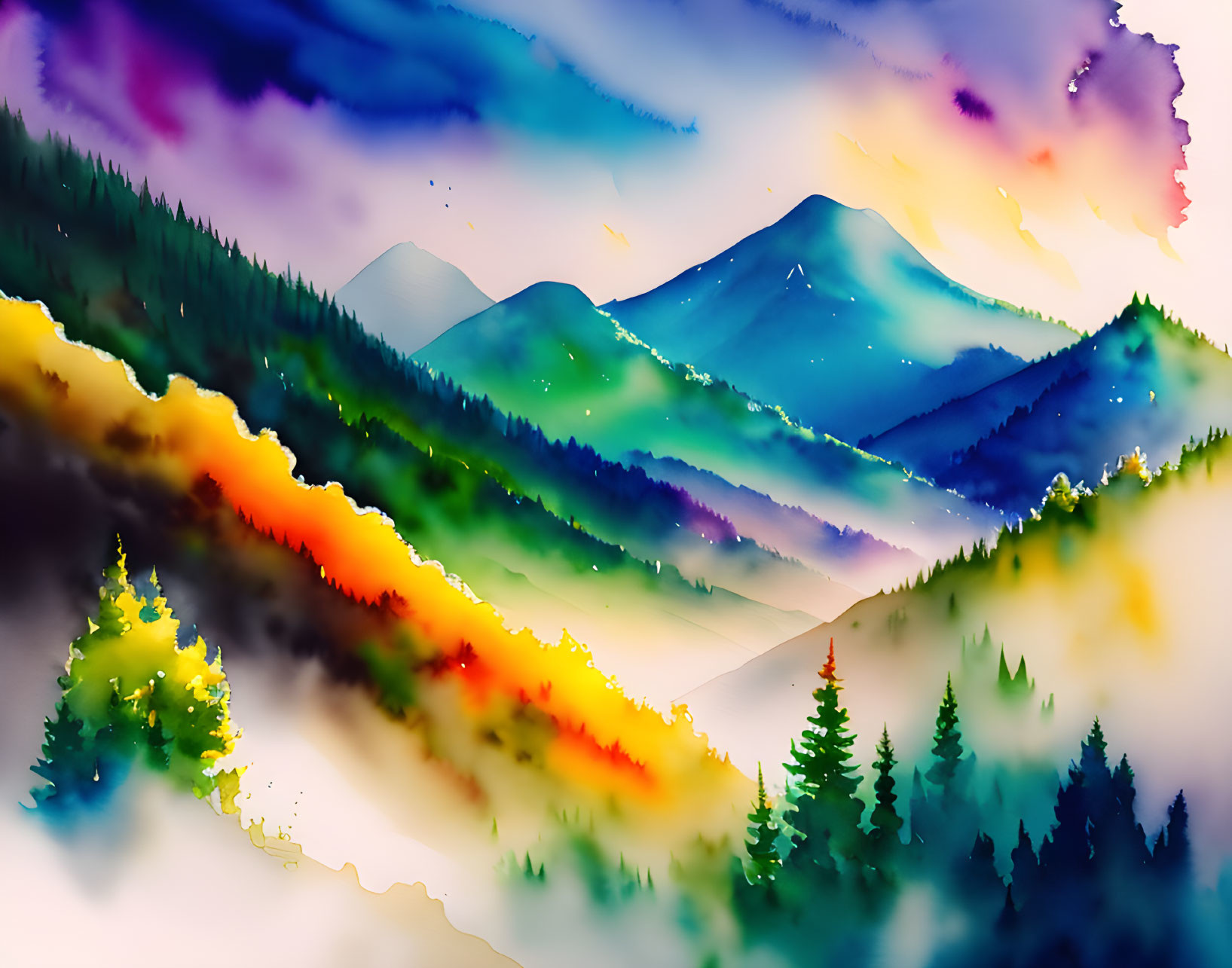 Colorful Watercolor Landscape: Layered Mountains & Pine Trees