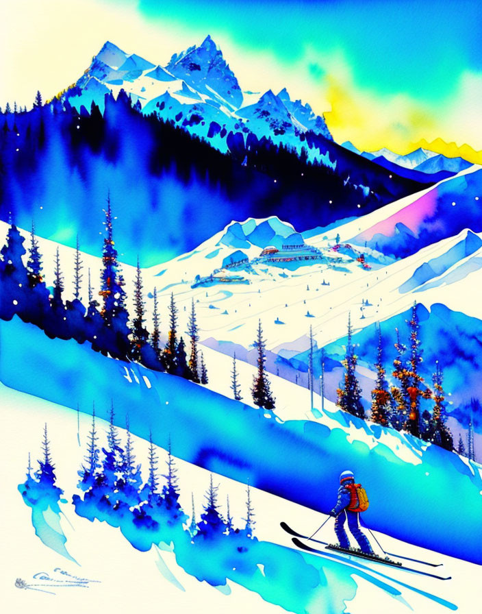 Vibrant Skiing Scene on Snowy Mountain Slope