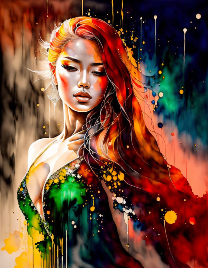 Colorful artwork of woman with flowing hair and abstract paint splashes