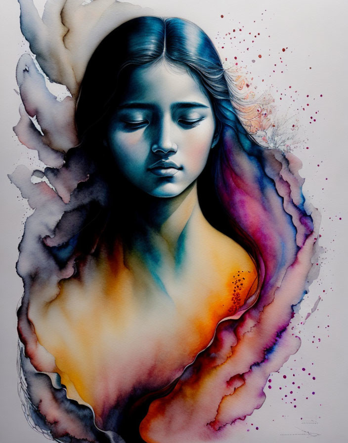 Serene girl surrounded by colorful abstract watercolor wing patterns