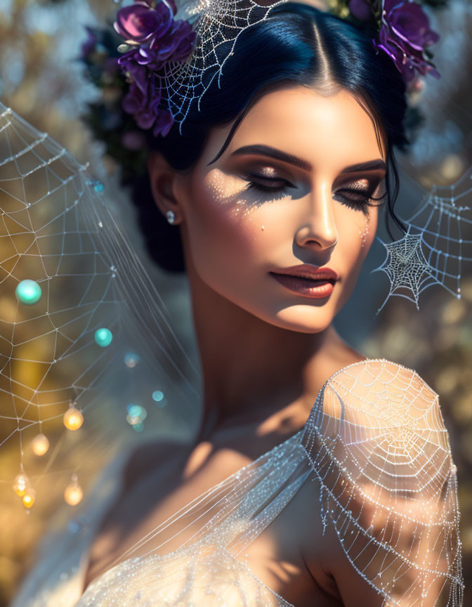 Woman with Floral Headpiece and Spider Web Makeup: Mystical and Enchanting Portrait