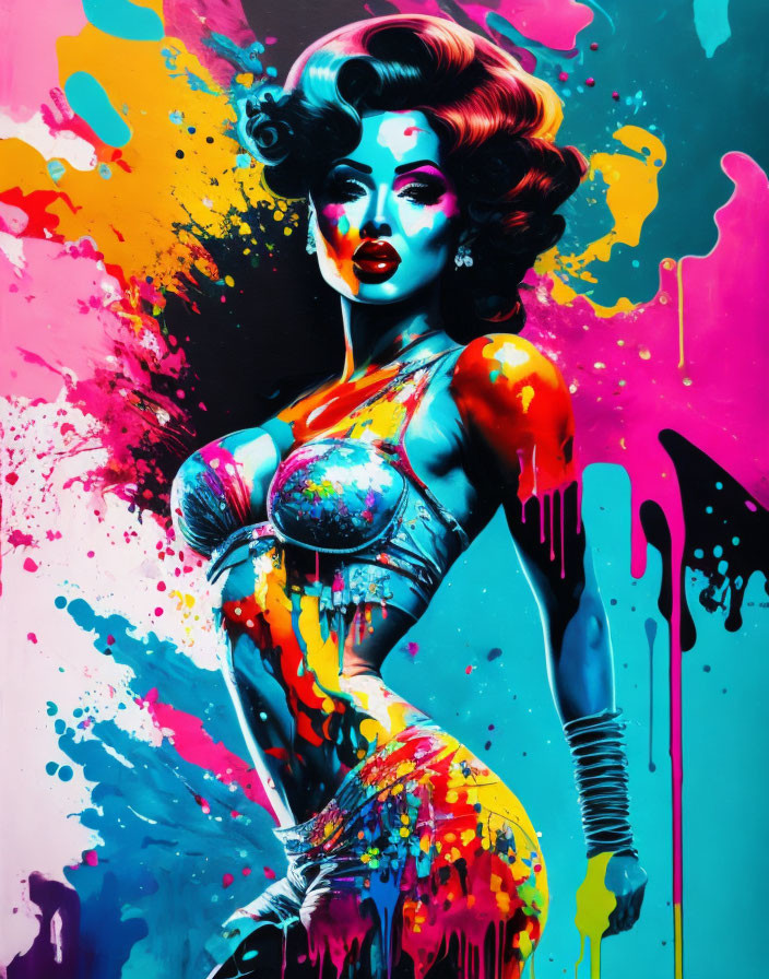 Colorful abstract art: stylized woman with exaggerated features in vibrant, dripping hues on bold backdrop.