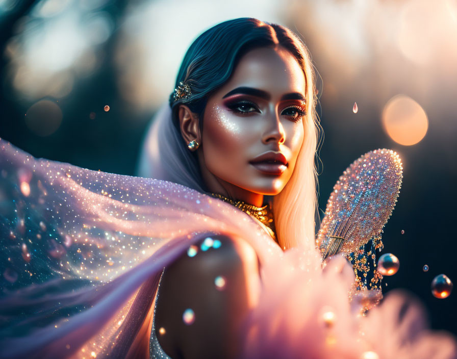 Glittering makeup woman with sparkling wand in dreamy setting