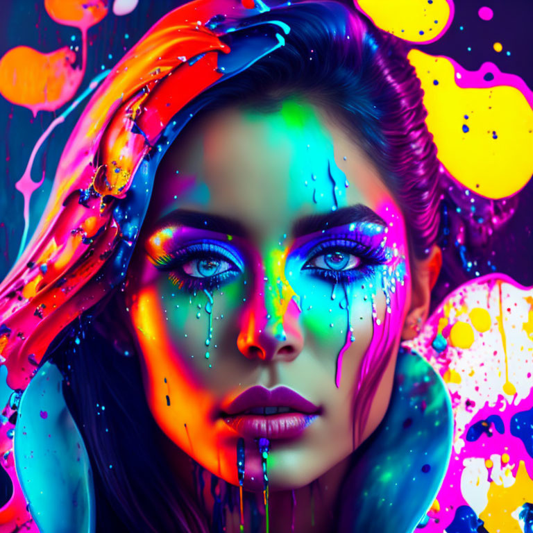 Colorful neon paint drips on woman's face in surreal art piece