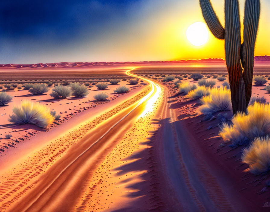 Desert landscape with dirt road, cactus, and shrubs at sunset