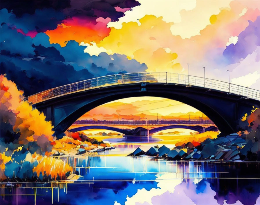 Colorful digital artwork: Bridge over serene river at sunset