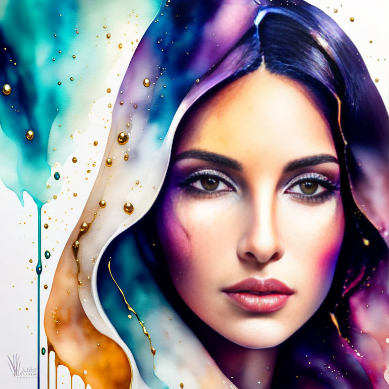 Vibrant cosmic colors in abstract portrait with golden accents