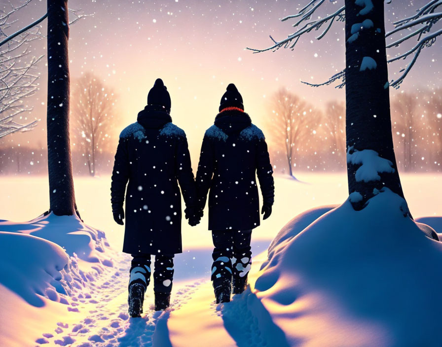 Couple walking in snowy landscape at dusk