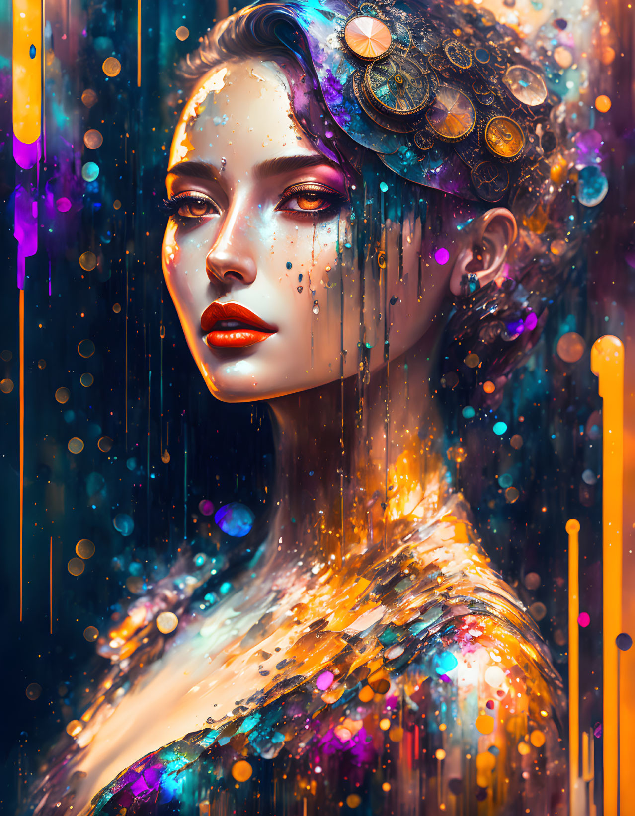 Colorful cosmic-themed woman illustration with sparkles and ethereal elements.