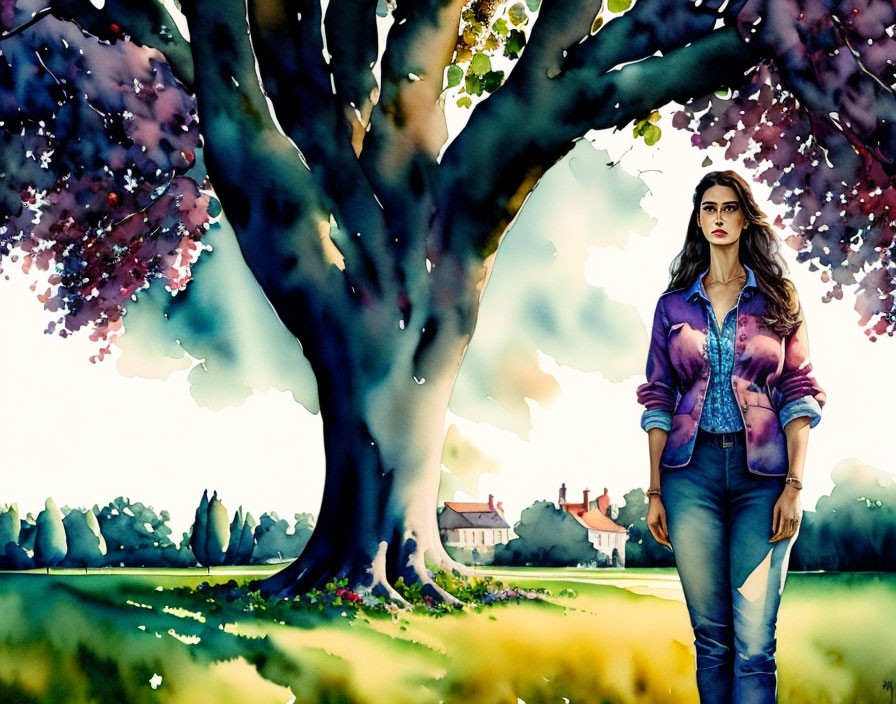 Vibrant watercolor painting of a woman under a flowering tree