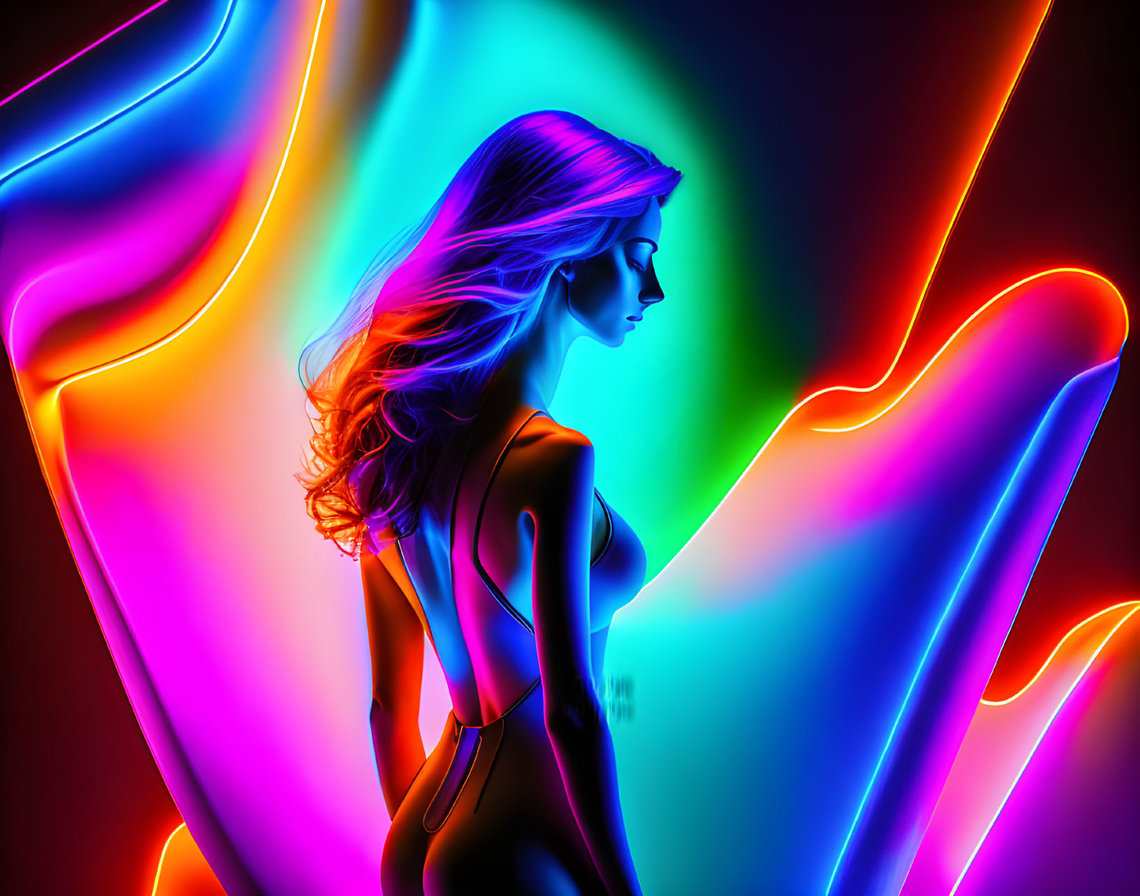 Vibrant digital artwork: Woman with flowing hair on neon background