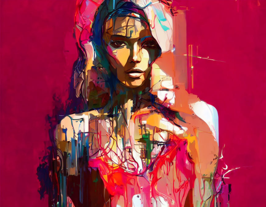 Vibrant abstract portrait of a woman on red background