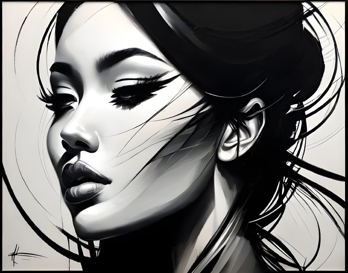 Detailed monochromatic digital art of a woman's profile with bold contrasts, intricate eyelashes, and