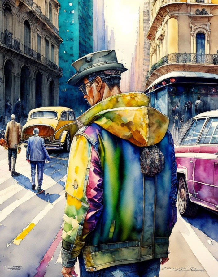 Vibrant watercolor painting of man walking in cityscape