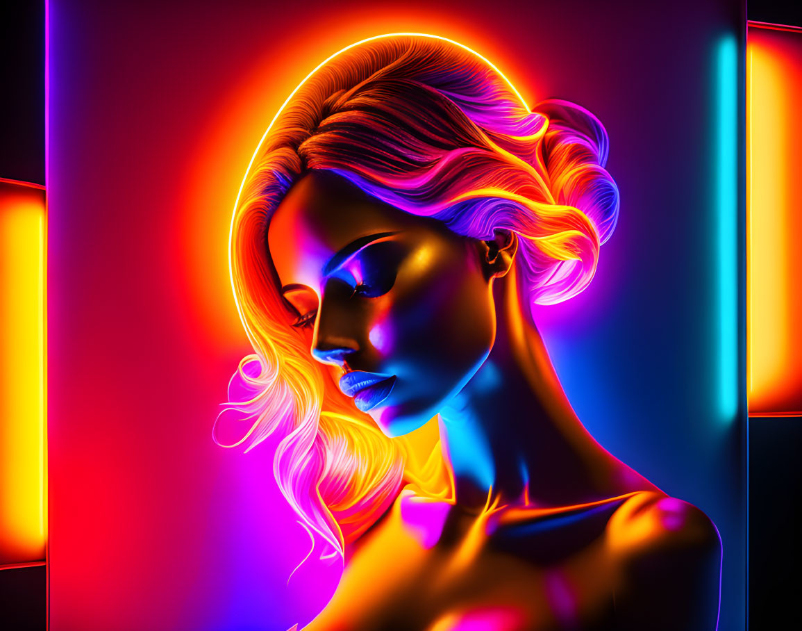 Colorful digital portrait: Woman with neon lighting effects, blue, red, and purple hues, featuring