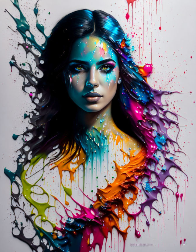 Vibrant splattered paints blend with striking makeup on a woman