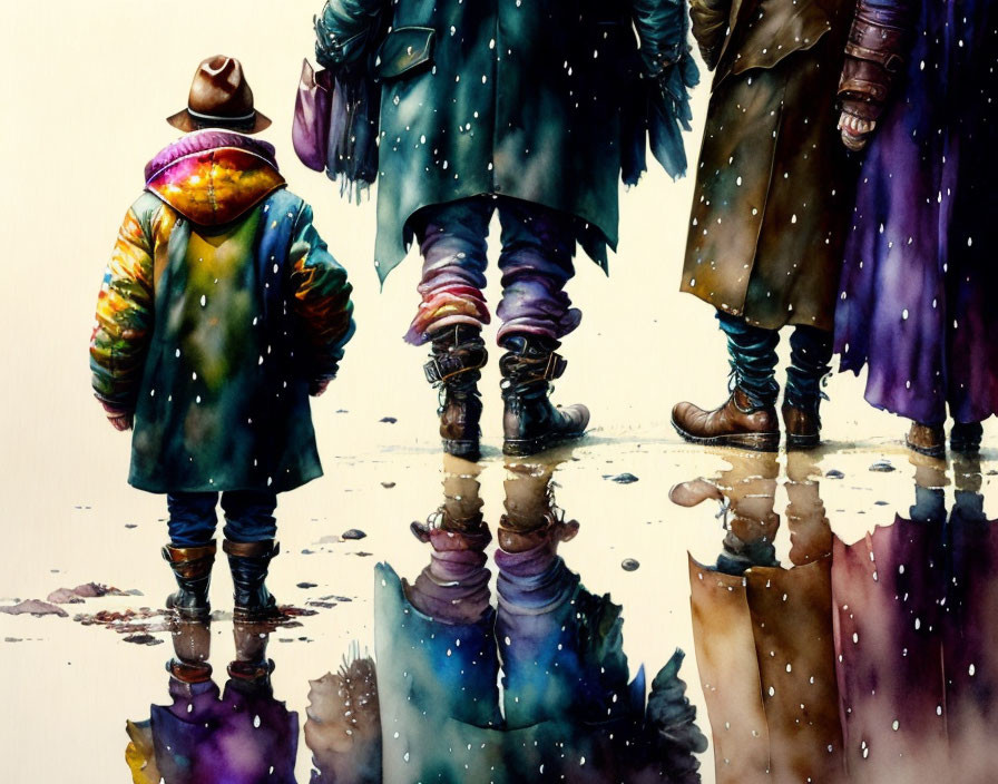 Three People Watercolor Painting: Rainy Day Reflections