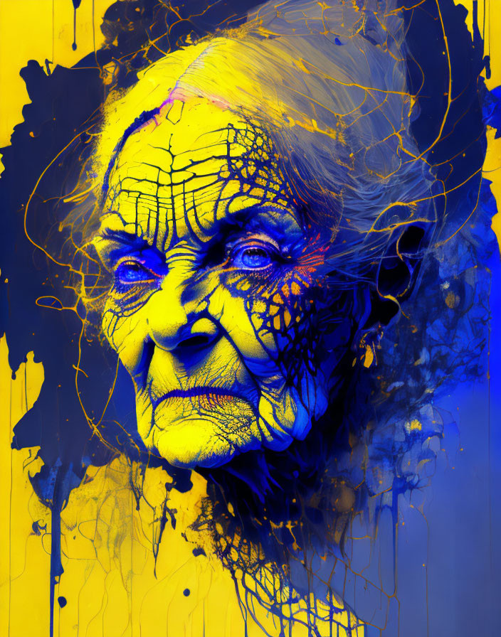 Abstract elderly woman portrait with blue and yellow paint splatters