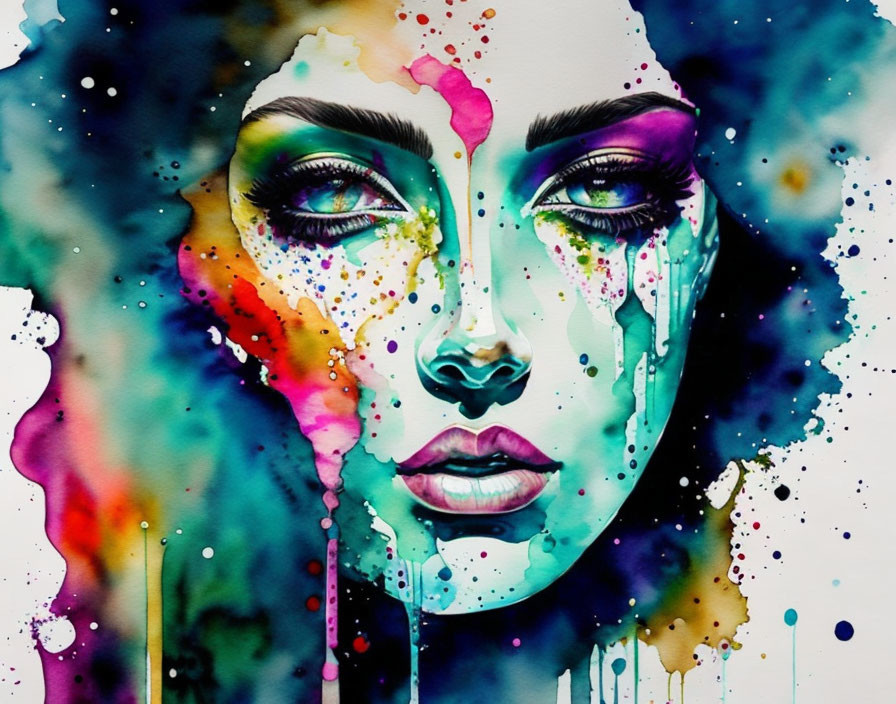 Colorful Abstract Watercolor Portrait of a Woman's Face