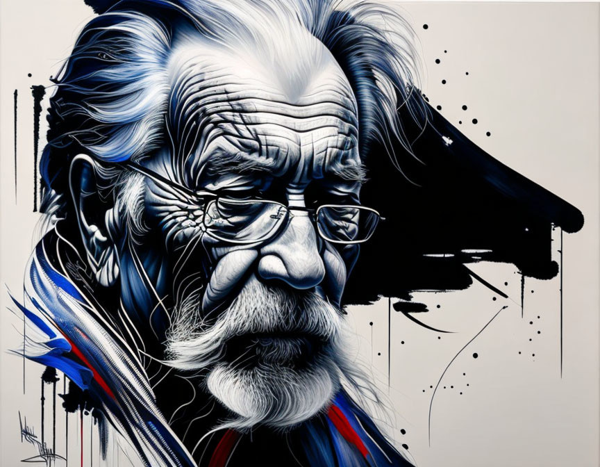 Detailed portrait of elderly man with white hair, glasses, and vibrant monochrome colors.