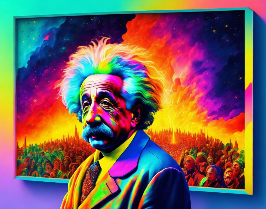 Vivid psychedelic portrait of a man with wild hair on cosmic background