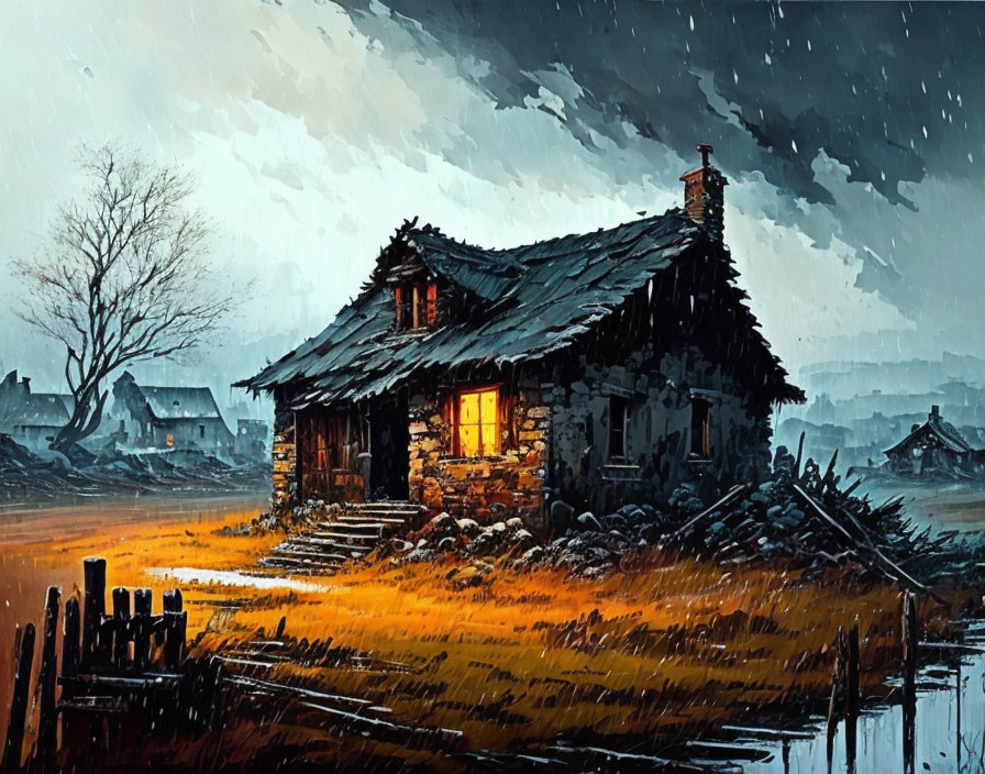 Warmly lit cottage in stormy twilight landscape