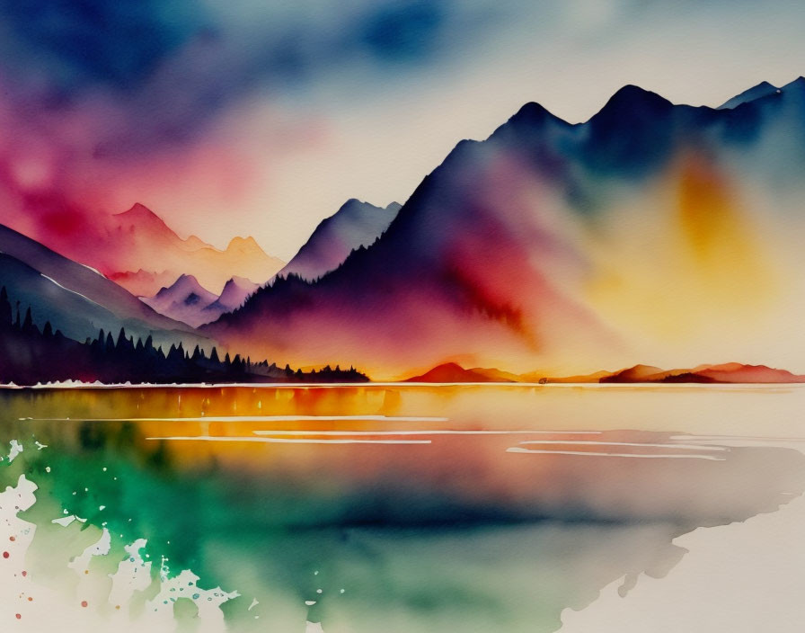 Serene Lake Sunset Watercolor Painting with Mountain Silhouettes