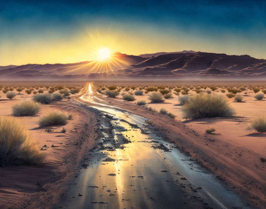 Desert landscape at sunset with dirt road and mountains